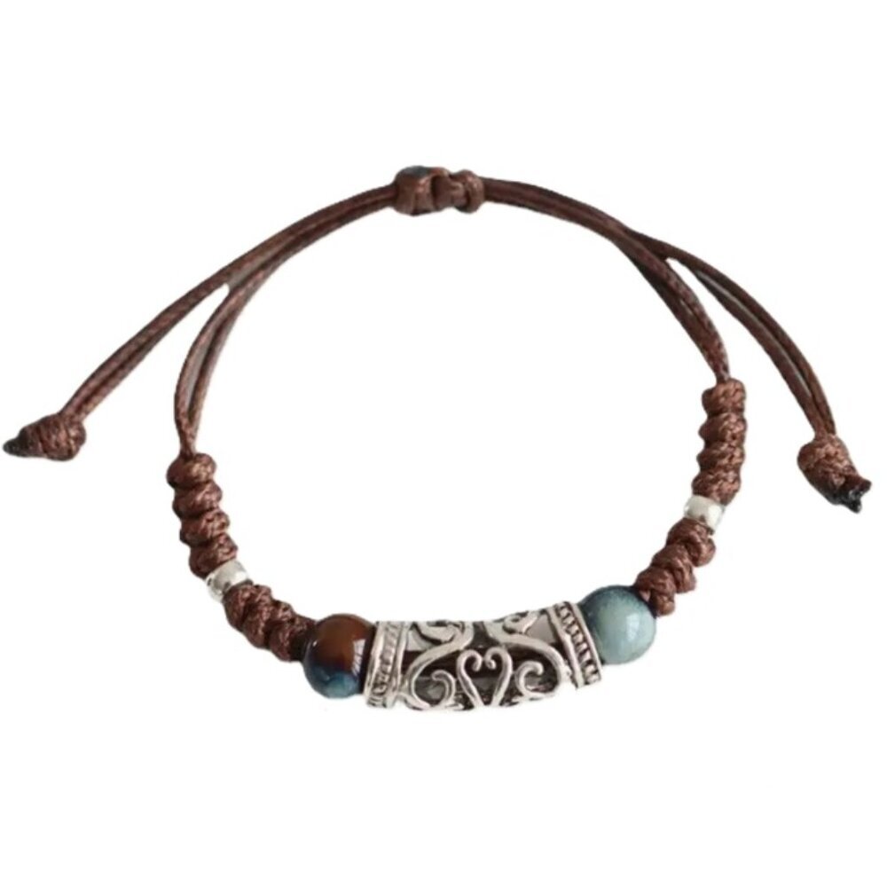 Hallow Silver Tube & Ceramic Bead Adjustable Wax Cord Anklet or Bracelet Unisex
